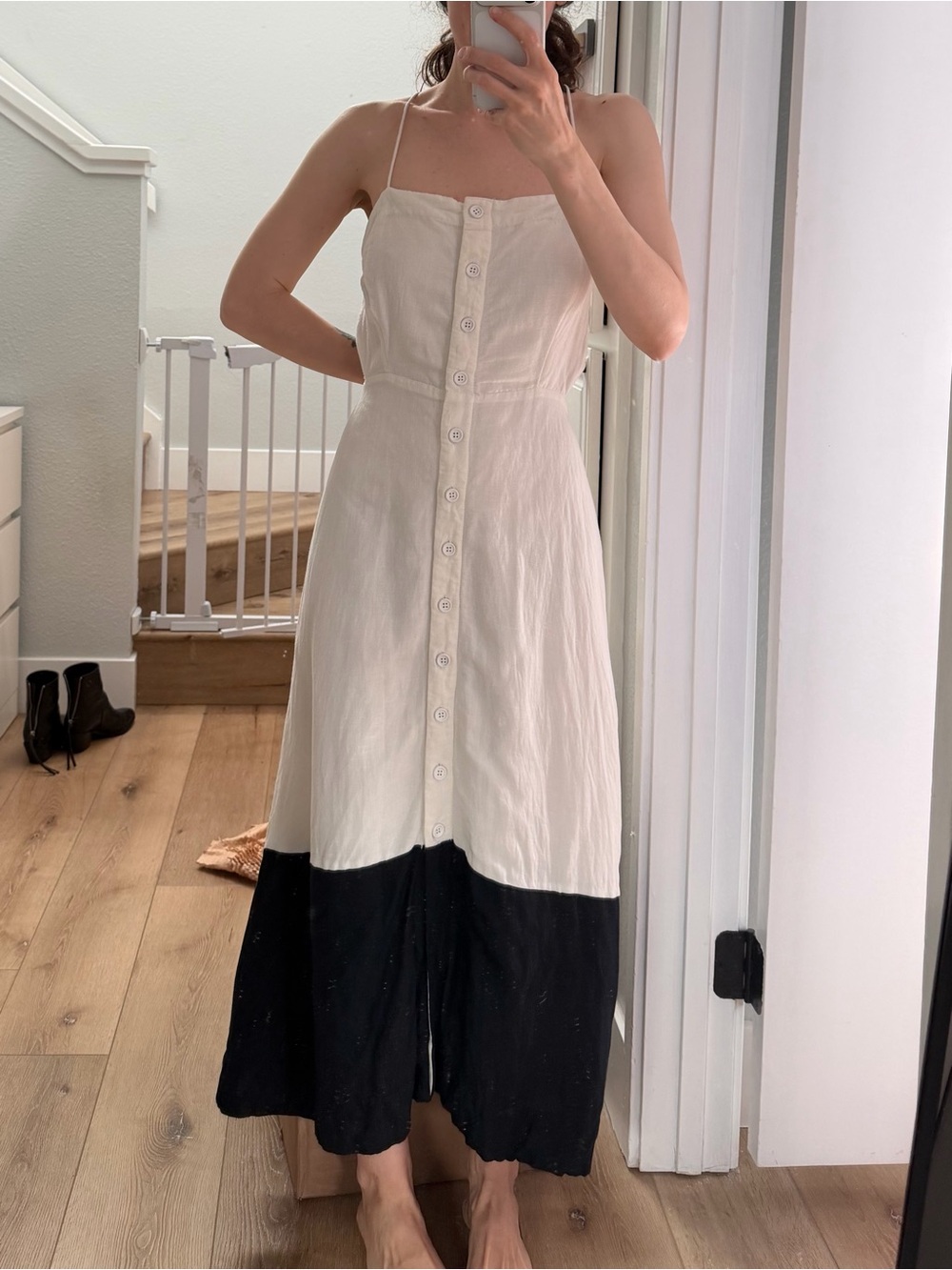 Maeve by Anthropologie Cream and Black Button-Front Spaghetti Strap Dress